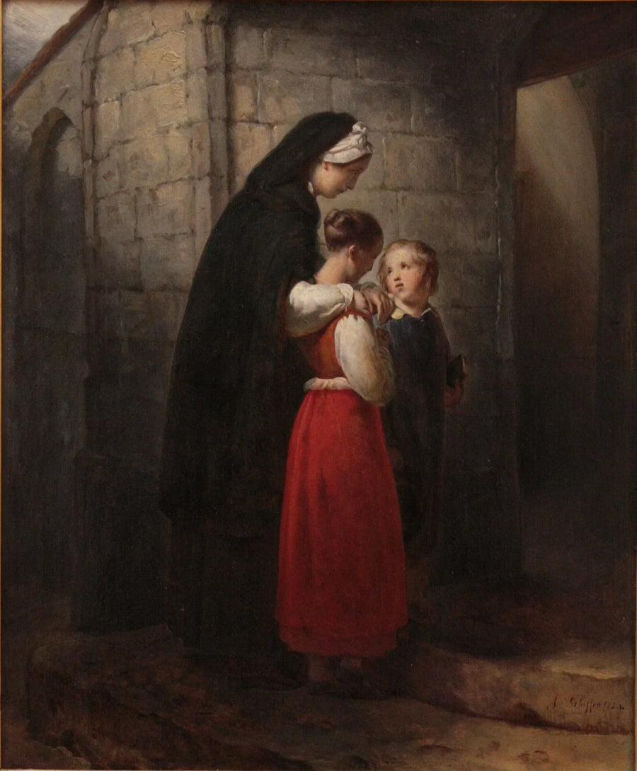 Заболевшая мать, идущая в церковь, опираясь на своих двух детей - Ary Scheffer