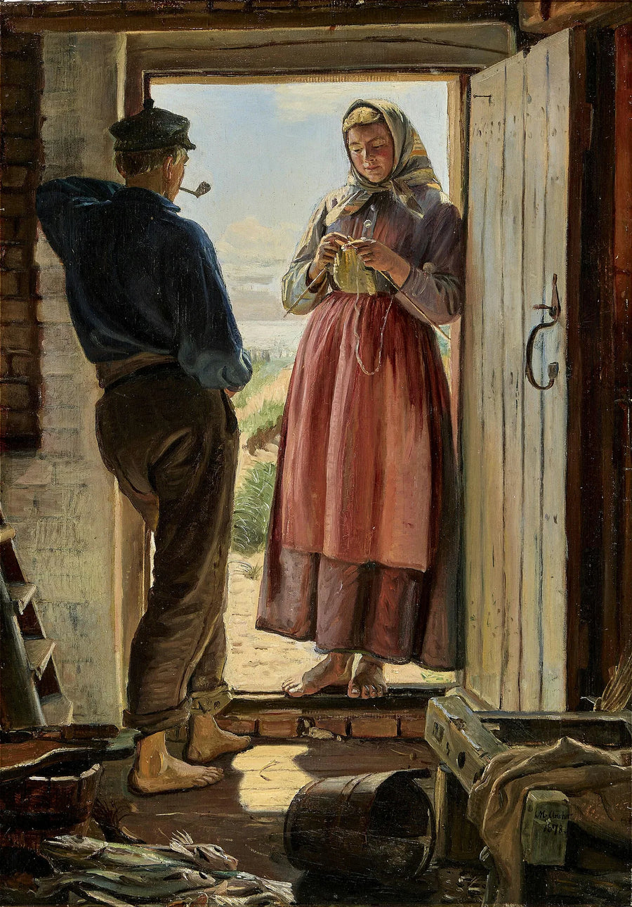 Предложение. Молодой рыбак и молодая женщина вяжут в проеме двери. - Michael Peter Ancher
