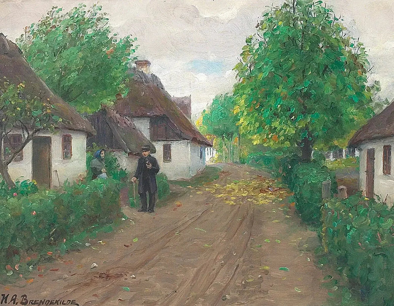 Деревенская дорога с двумя людьми, беседующими. - H. A. Brendekilde