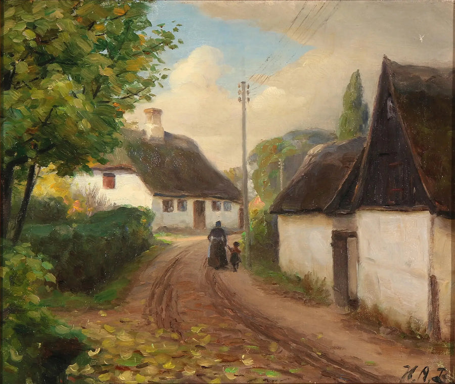 Деревенская дорога с женщиной и ребенком, идущими рука об руку - H. A. Brendekilde