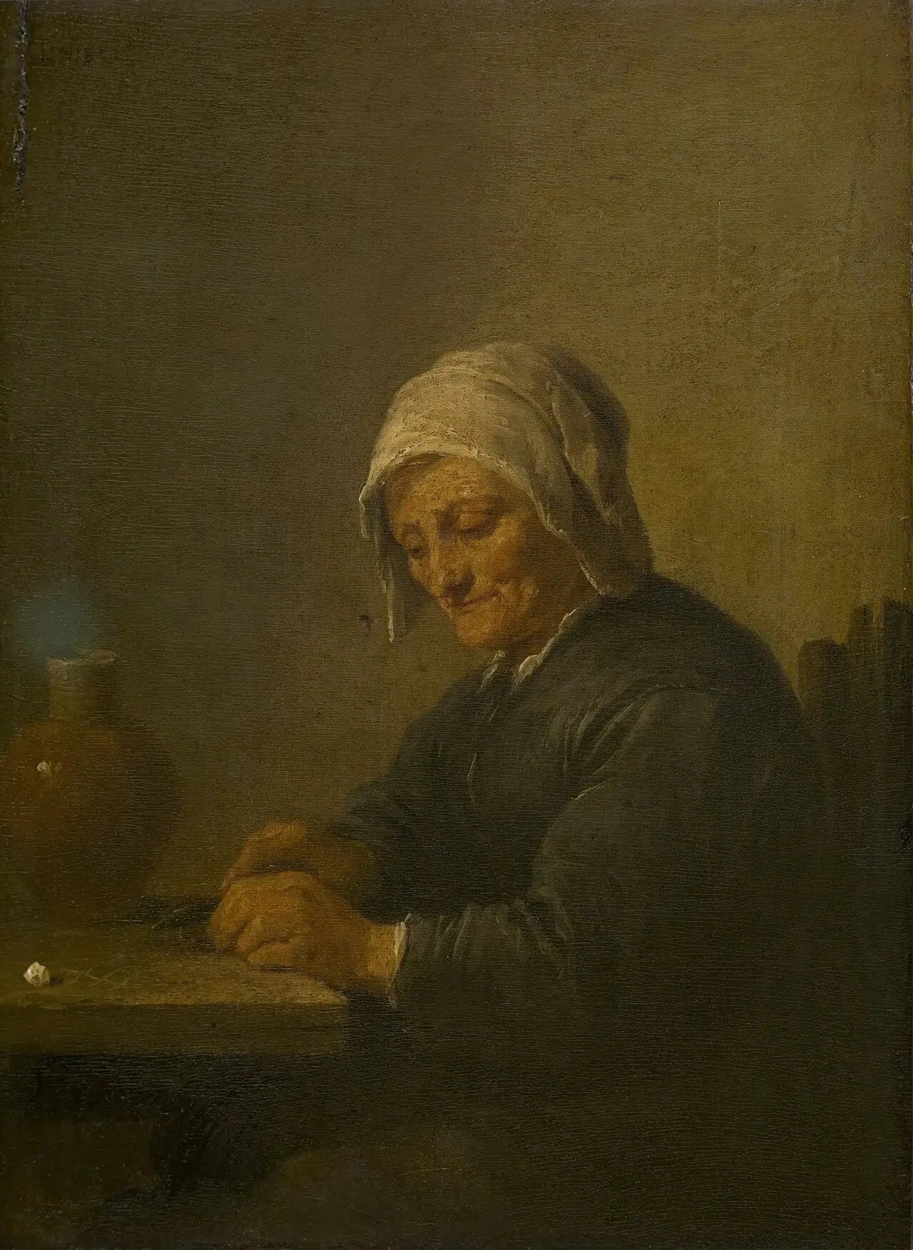 Une vieille femme coupant du tabac - David Teniers le Jeune image 1 copie peinte à la main à l’huile