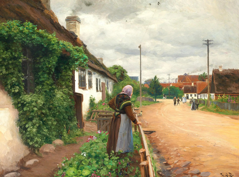 Старая женщина наблюдает за детьми деревни, пока они играют. - H. A. Brendekilde