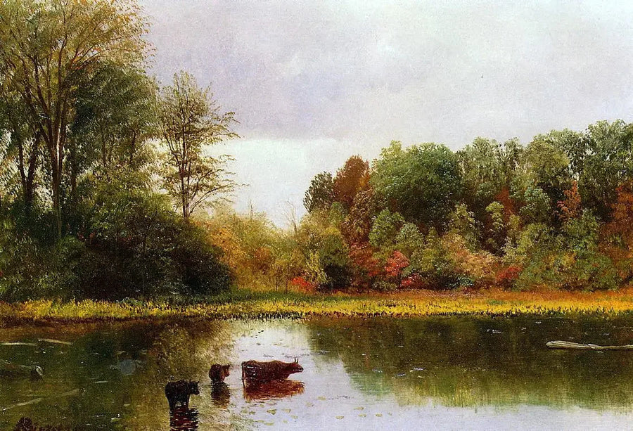 Корова, пьющая воду в пейзаже - Альберт Бирштадт