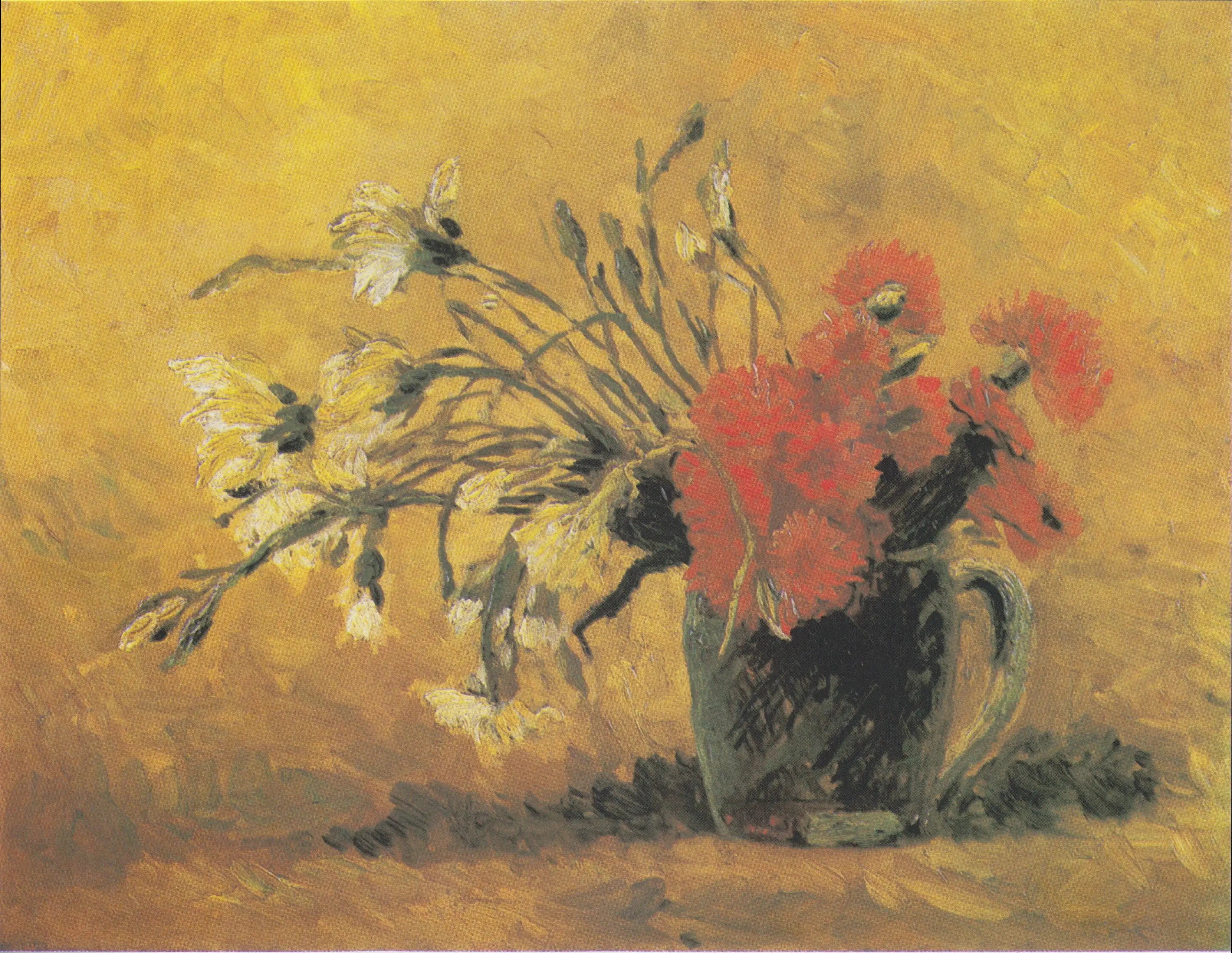 Reproduction du tableau « Vase avec œillet rouge et blanc sur fond jaune - Vincent van Gogh » par Alpha Reproduction en peinture à l’huile