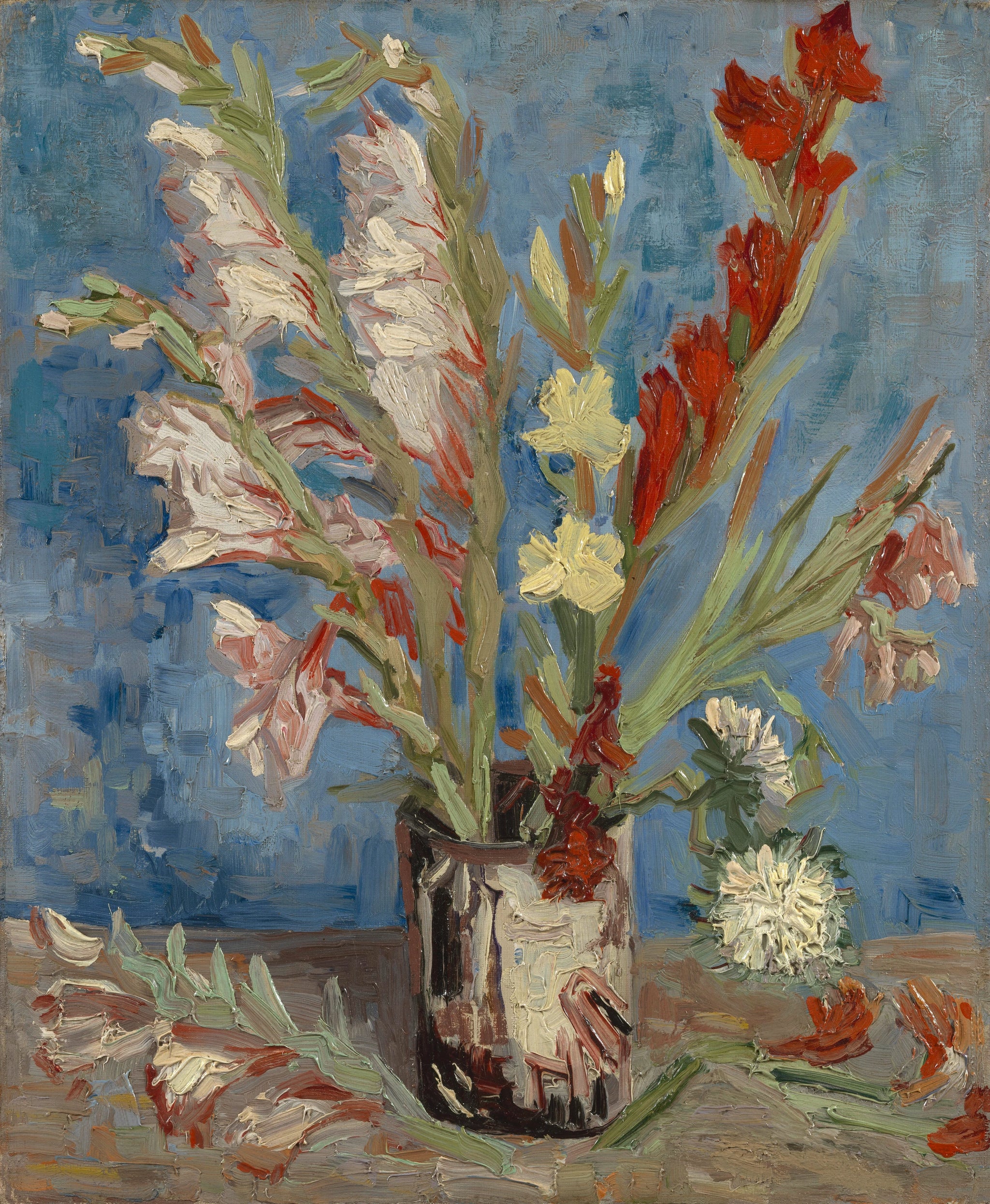 Vase aux glaïeuls et asters de Chine F248a — fleurs rouges, blanches et jaunes sur fond bleu peintes par Vincent van Gogh