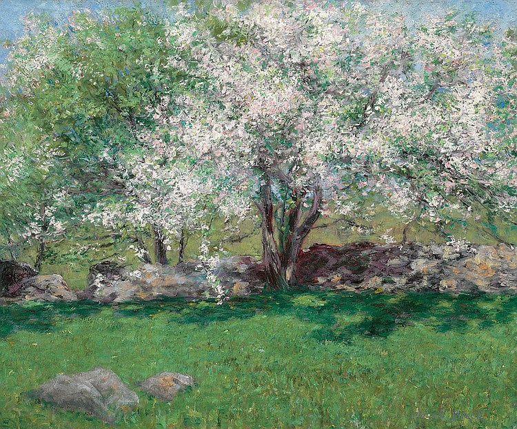 Pommiers en fleurs, peinture de JL Breck