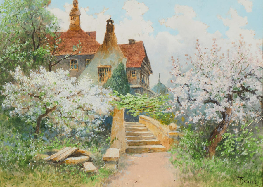 Arbres en fleurs et villa au printemps, peinture de Franz Demel