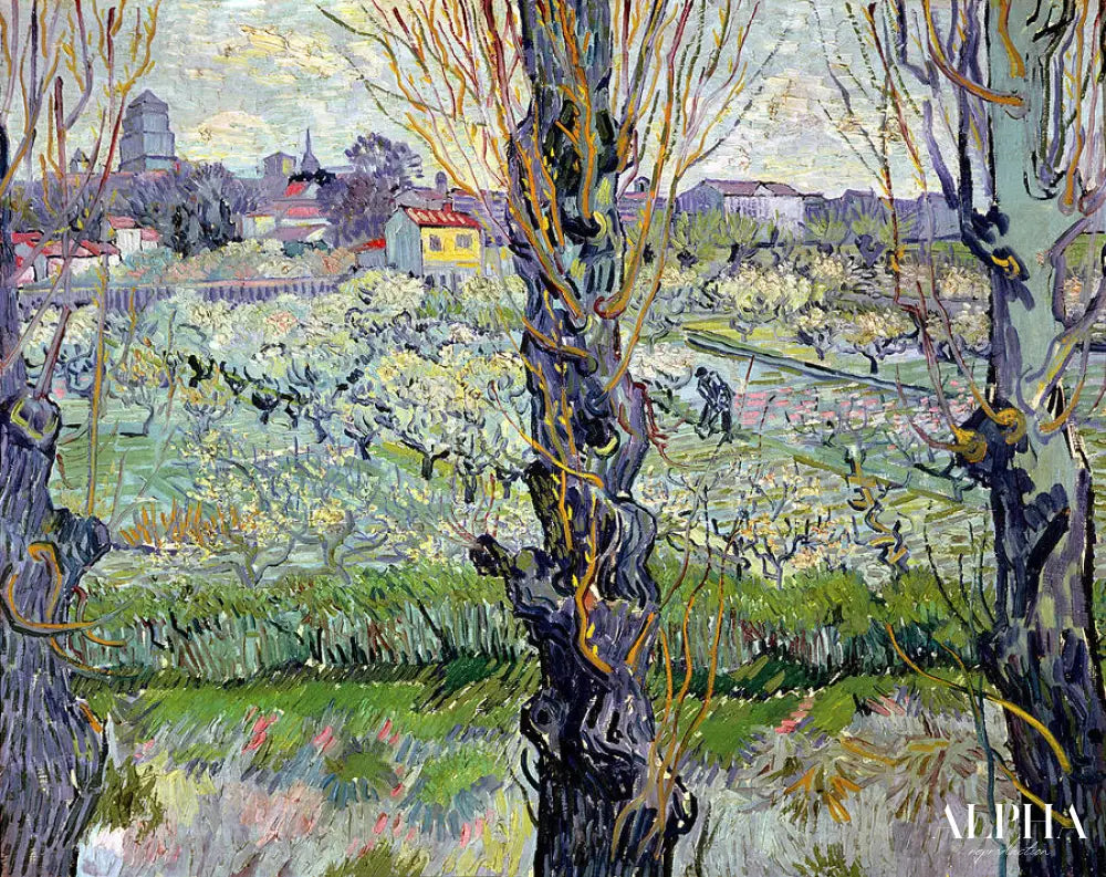 Verger en fleur avec vue d'Arles - Van Gogh - Reproductions de tableaux et peintures haut de gamme