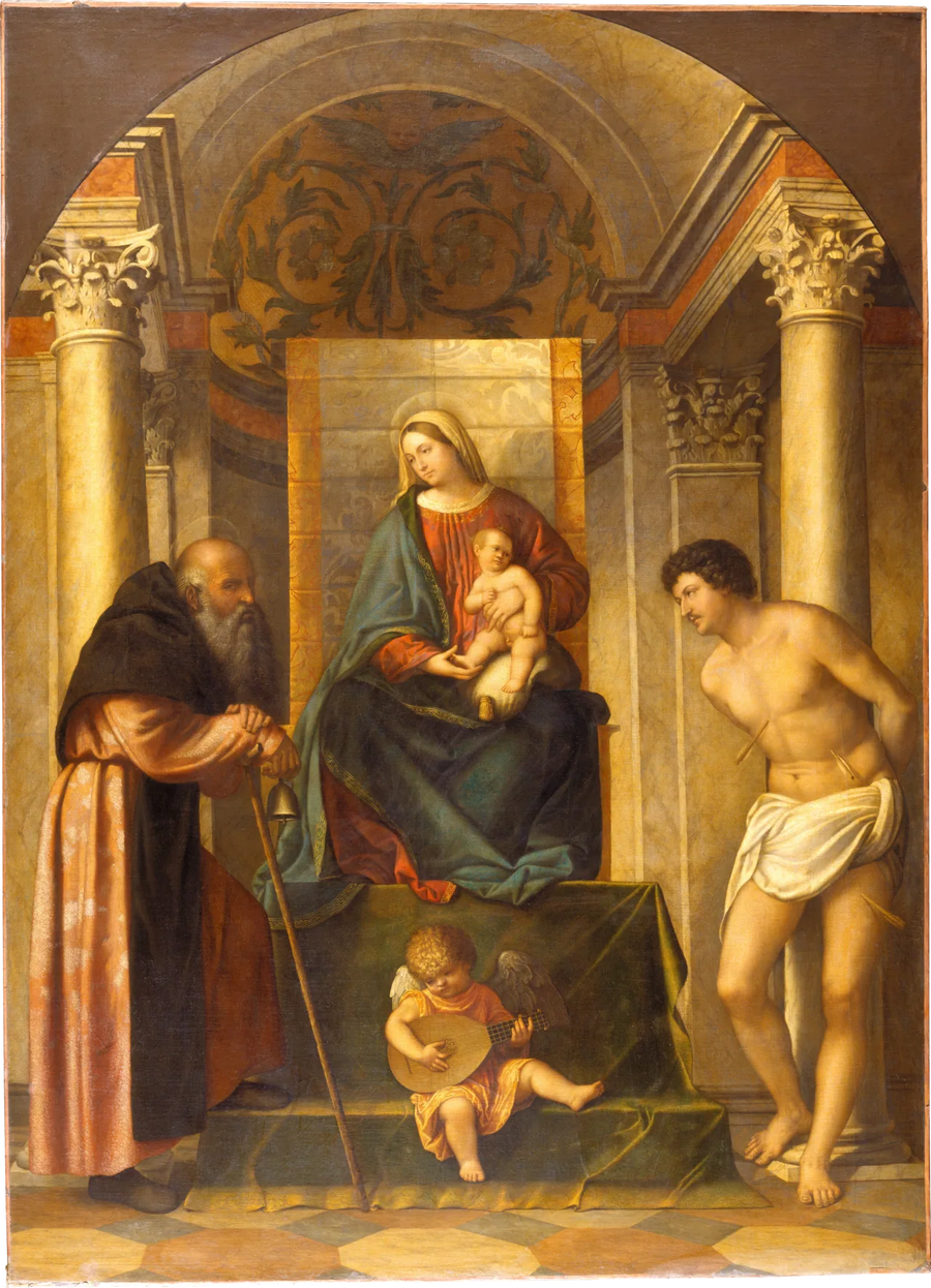 Vierge à l'Enfant trônant avec saint Antoine l'Abbé et saint Sébastien - Alessandro Bonvicino image 1 reproduction réalisée par Alpha Reproduction