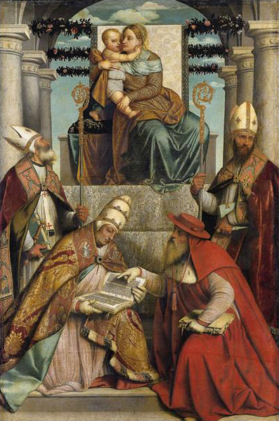 Дева Мария с младенцем и четырьмя отцами церкви - Алессандро Бонвичино