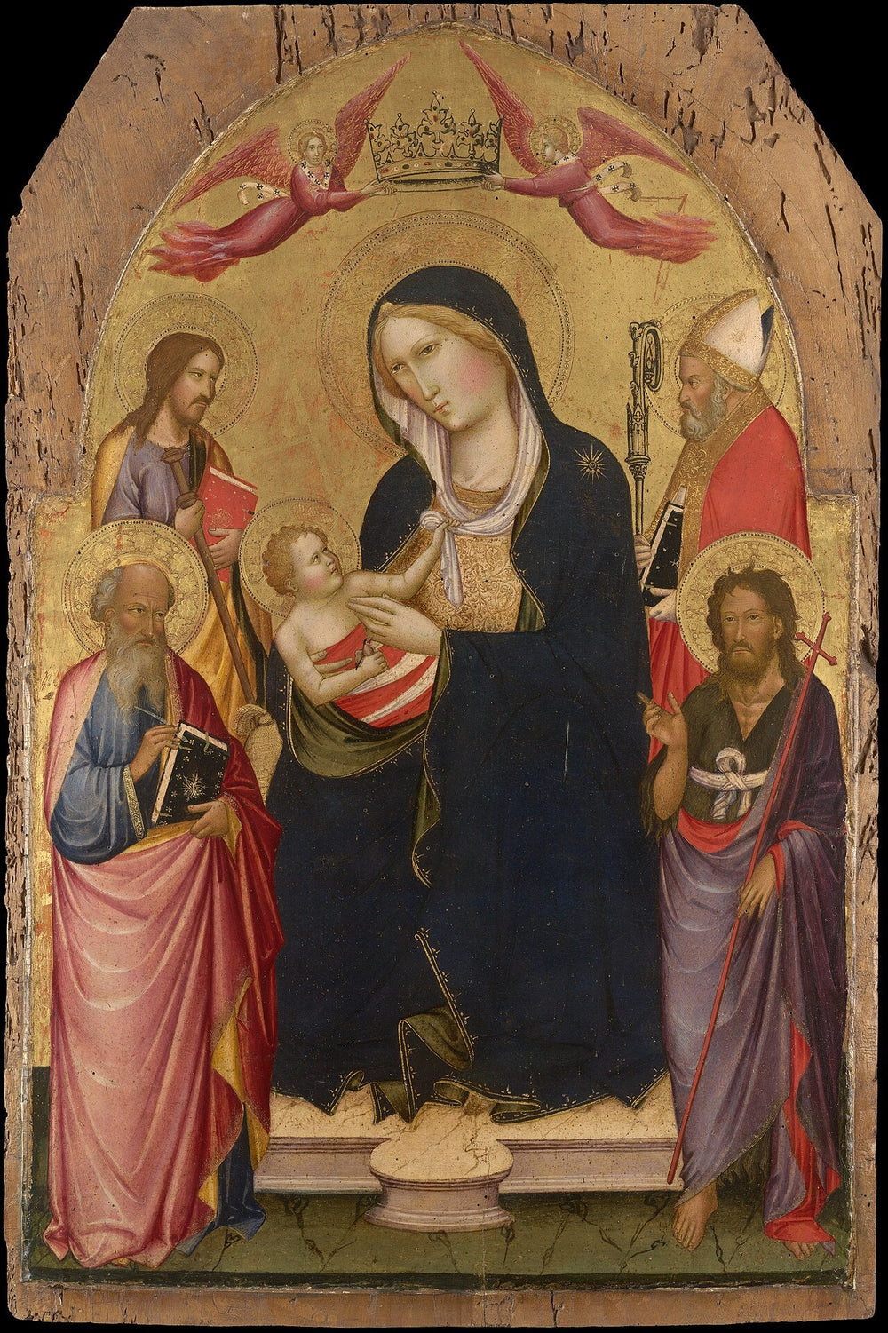 Vierge à l’Enfant avec saint Jean l’Évangéliste saint Jean-Baptiste saint Jacques de Compostelle et saint Nicolas
