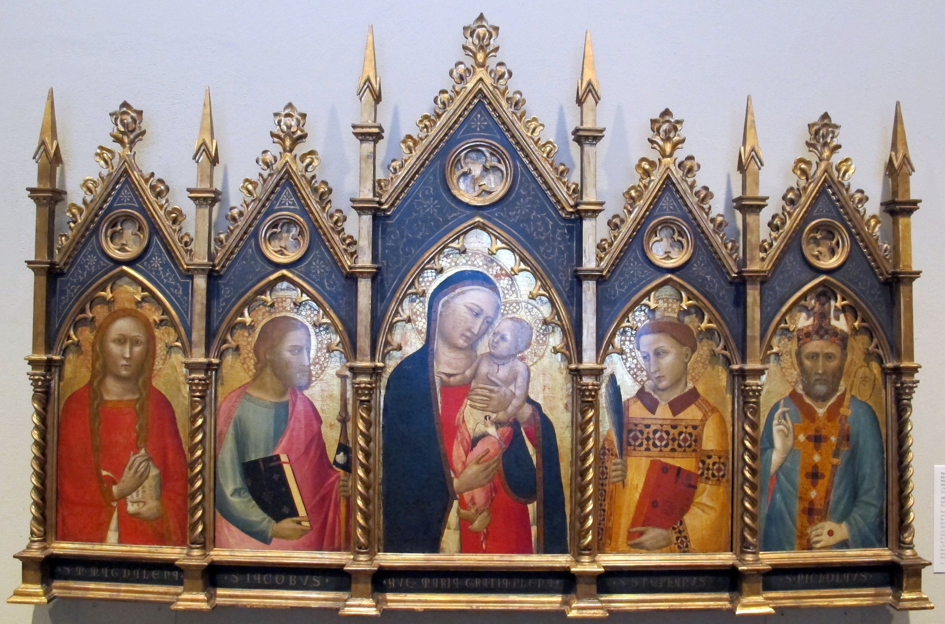 Vierge à l’Enfant avec saint Marie-Madeleine saint Jacques le Majeur saint Étienne et un évêque. - Allegretto Nuzi