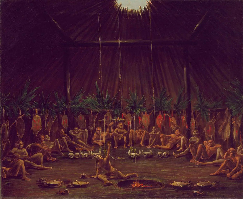 Внутренний вид Medicine Lodge, церемония Mandan O-kee-pa - Джордж Катлин