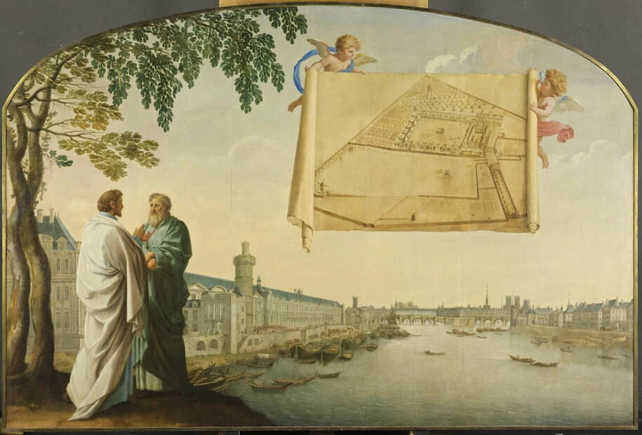 Vue de Paris avec le plan de la Chartreuse de Paris porté par deux angelots - Eustache Le Sueur