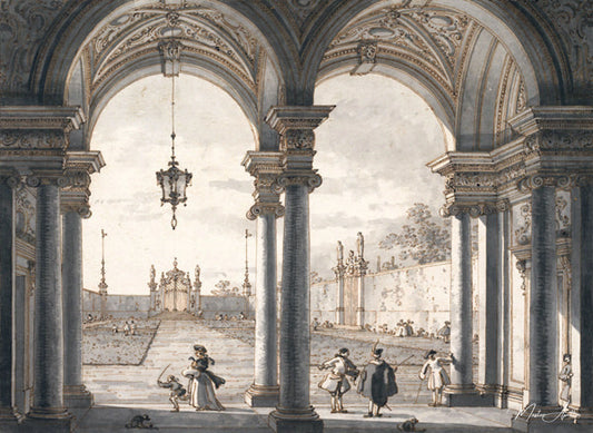 Vue sur un jardin à travers une colonnade baroque - Giovanni Antonio Canal - Reproductions de tableaux et peintures haut de gamme