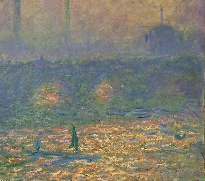 Détail des arches et des reflets dorés dans Waterloo Bridge W1555 de Claude Monet