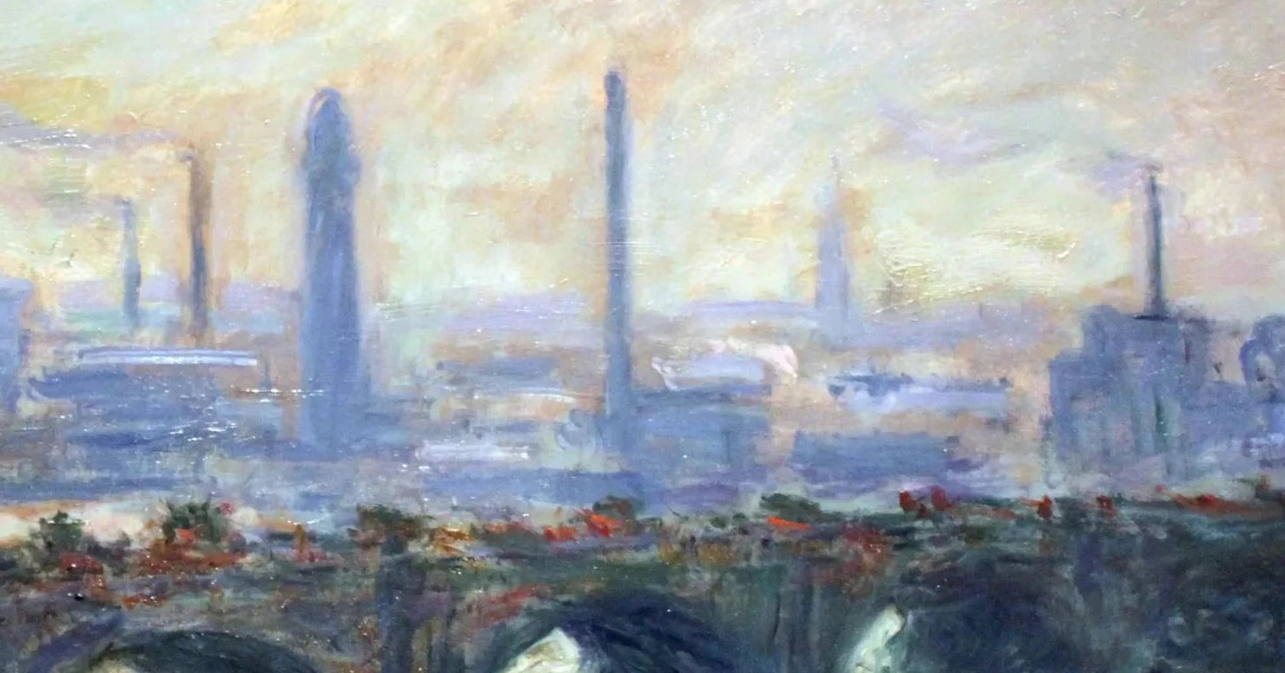Détail des cheminées bleues et des fumées roses dans la version de 1902