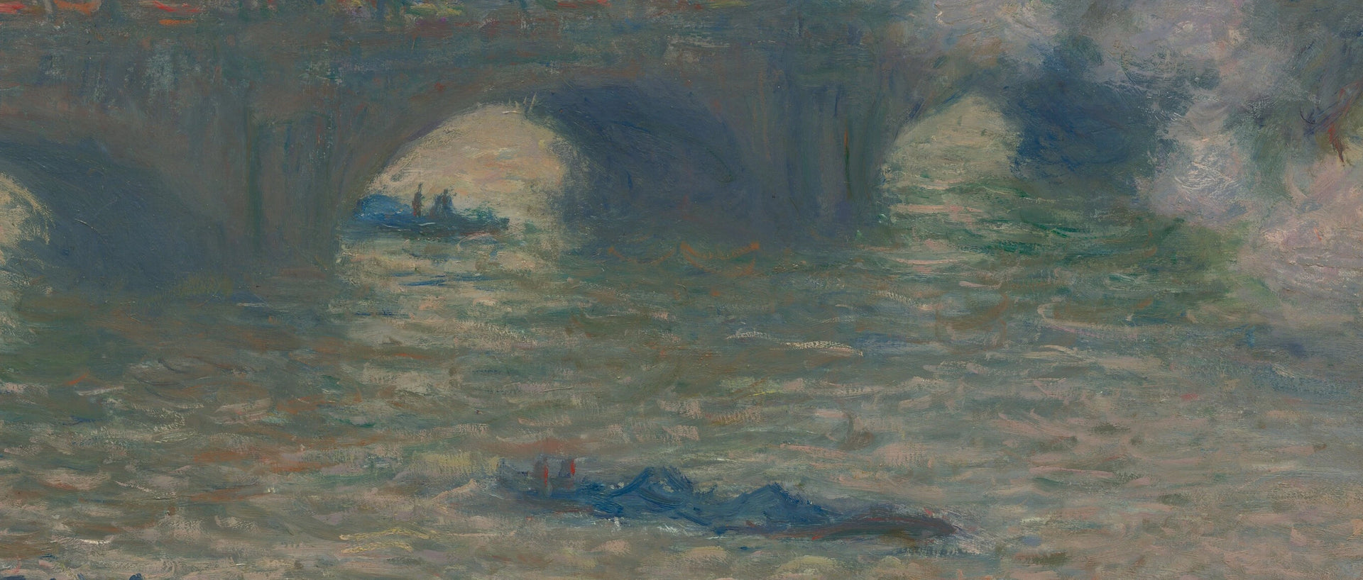Détail des arches, des bateaux et des reflets de Waterloo Bridge, jour gris