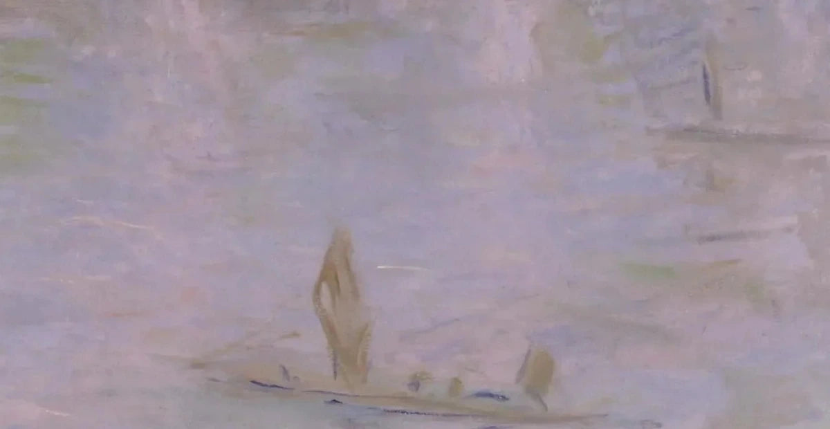 Détail du bateau et des figures flottant dans la brume sur la Tamise