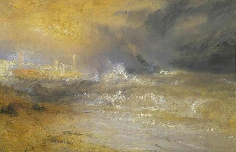 Reproduction du tableau « Waves Breaking on a Lee Shore at Margate (Study for ‘Rockets and Blue Lights’) - J. M. W. Turner » par Alpha Reproduction en peinture à l’huile