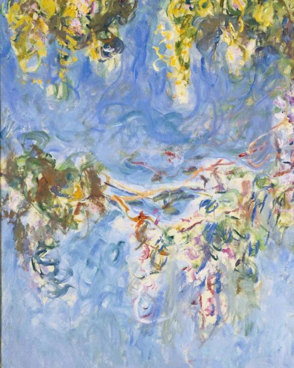 Détail des grappes jaunes et des lianes dans Wisteria W1909 de Claude Monet