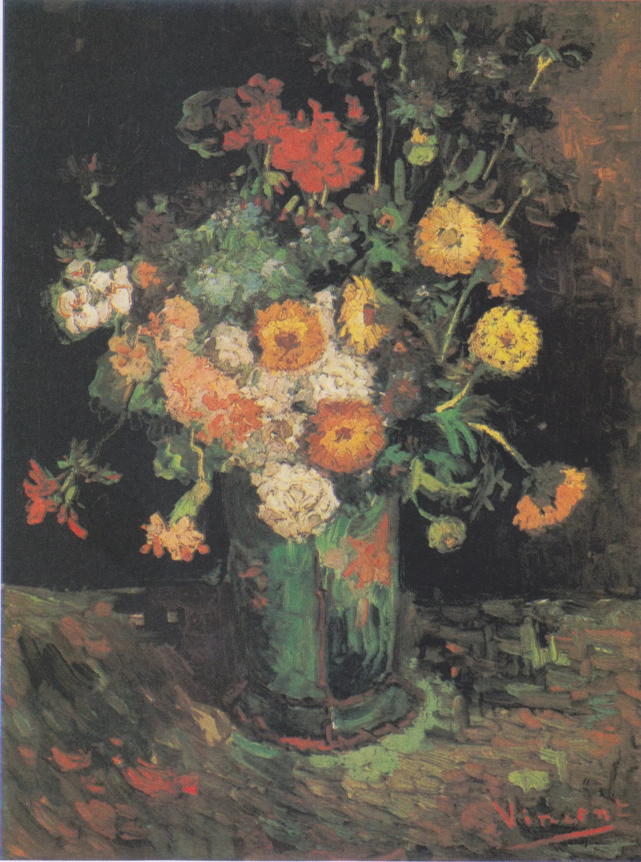 Zinnias et géraniums dans un vase - Vincent van Gogh image 1 copie de tableau peinte à la main
